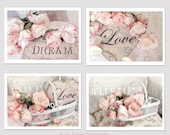 Cottage Floral Photography, Shabby Chic Decor, Spring Floral Wall Art, Dreamy Love Pink White Floral Art, Set of Four 5" x 7"