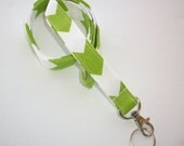 Lanyard  ID Badge Holder - Green / white  -  Chevron zigzag Zig zag  - Lobster clasp and key ring