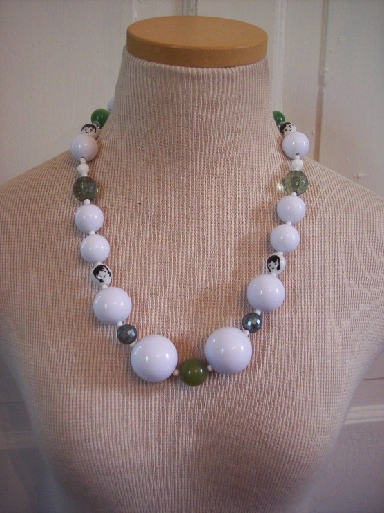 People Faces Necklace With Upcycled Vintage Green And White Beads