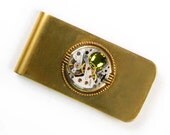 Vintage Watch Movement n Olivine Crystal Steampunk Money Clip