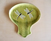 Lovely Handmade Fern Green Stoneware DRAGONFLY Spoon Rest