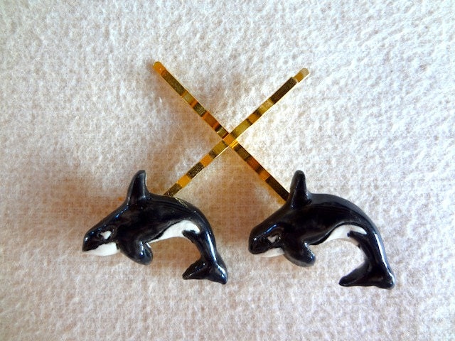 2 Handmade Porcelain Orca KILLER WHALE  Bobby Pins / Hair Clips