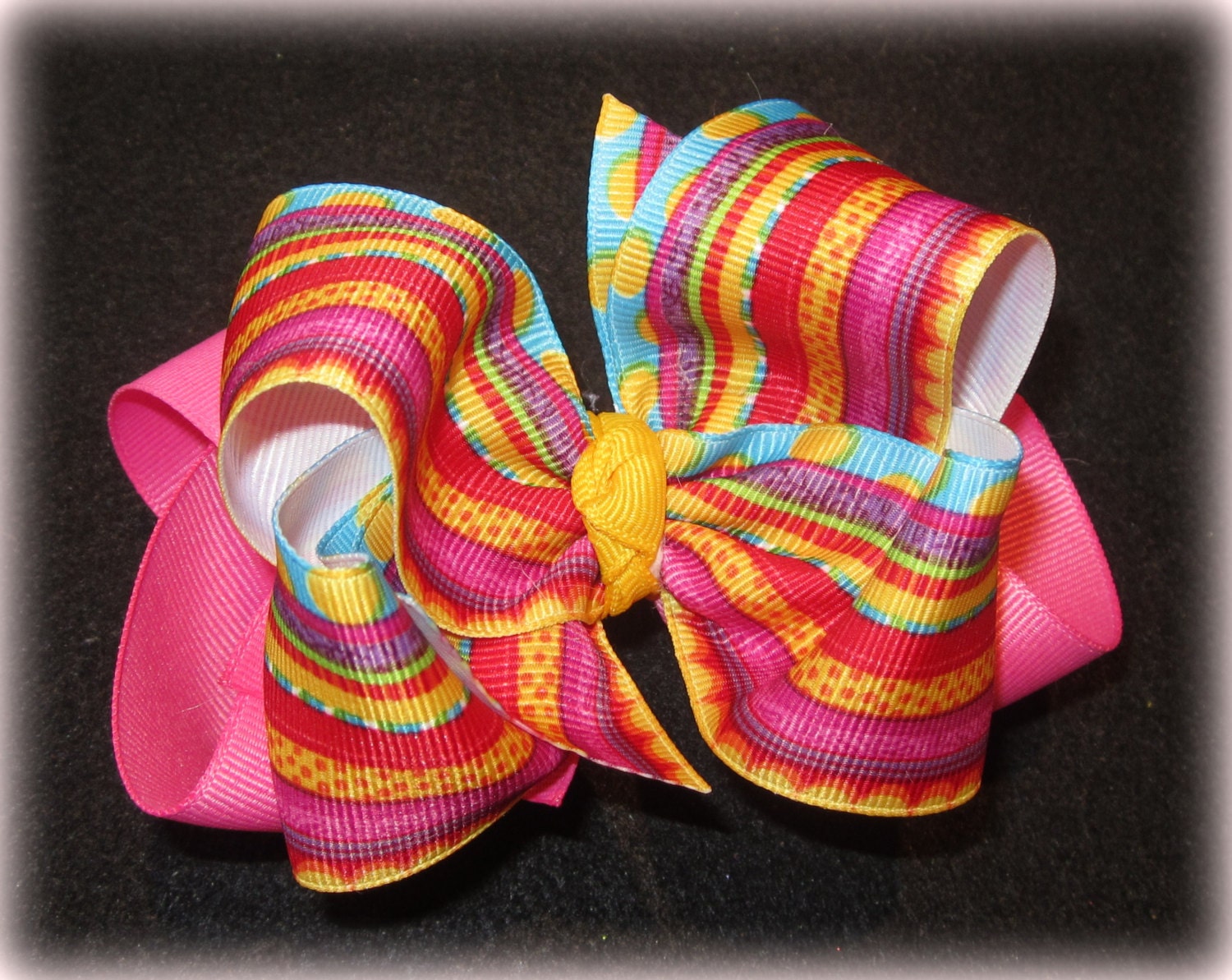 Sassy Stripes and Dots Fabulous Double Layered Boutique Lush Hair Bow Pink Yellow with Spikey Edges for Baby Toddler or Little Girl