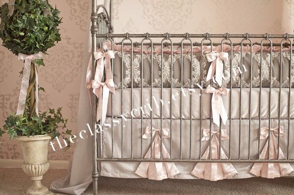 LUXURY Grey Damask Crib Bedding