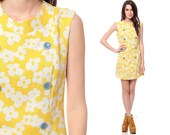 60s Shift Dress Yellow Floral DOUBLE BREASTED Mod Mini 1960s Saks Fifth Avenue Vintage Flower Power Cotton Sleeveless Go Go White Large