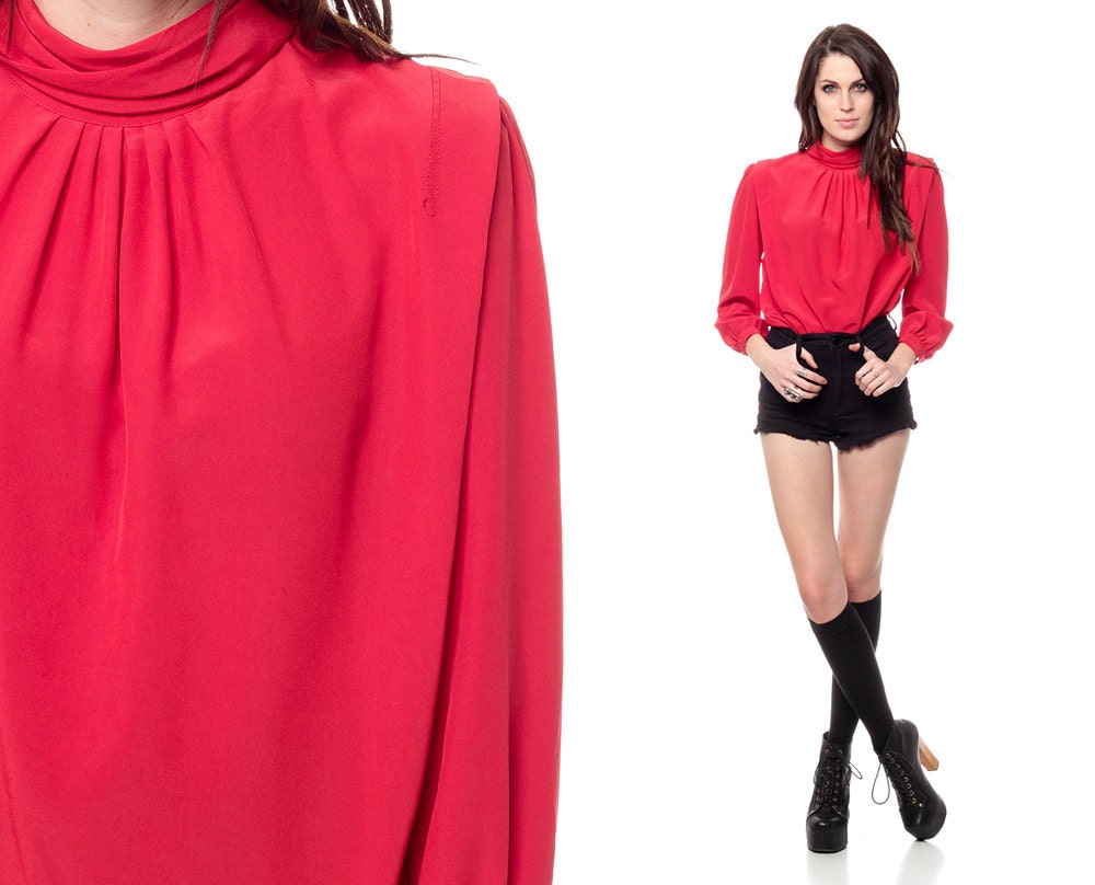 80s Blouse Red SLOUCHY Long Sleeve Secretary Top 1980s Vintage High Neck Gathered Drape Shirt Slouch Oversized Extra Small Medium XS S