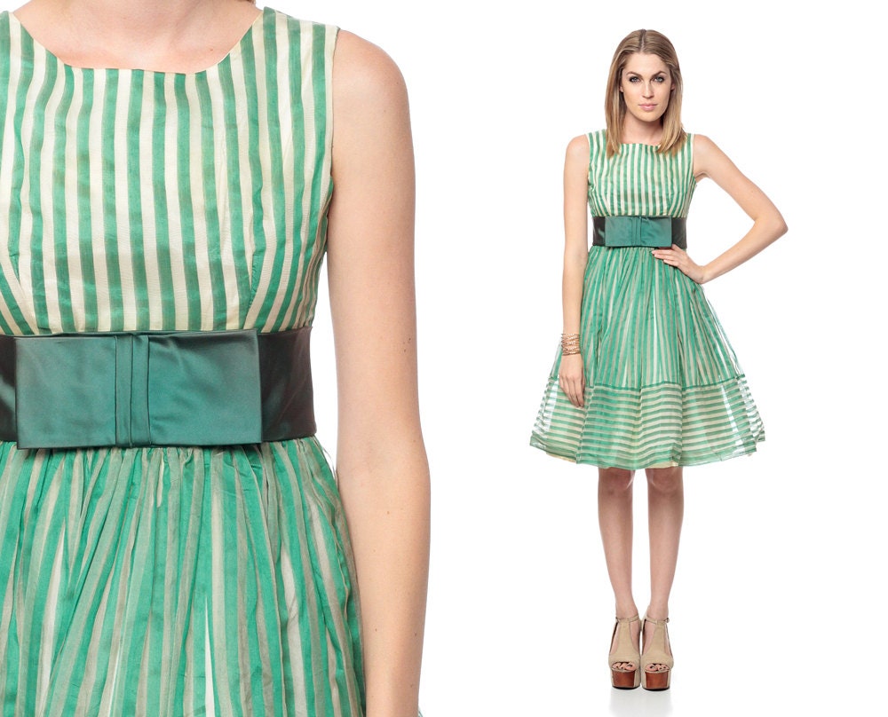 50s Party Dress BOW Prom Mini 60s Mad Men White Green Striped 1950s Formal Full Skirt Vintage 1960s Cocktail Evening Empire Extra Small XS