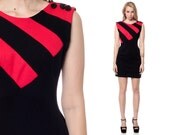 Striped Mini Dress 80s Red Black Shift Hourglass 1980s Button Shoulder Sheath Vintage Retro Sleeveless MiniDress Small