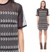 EMBROIDERED Dress 60s Mini Black and White Mod Shift Sheer Sleeve 1960s Illusion Neckline Party Vintage Cocktail MiniDress Medium Large