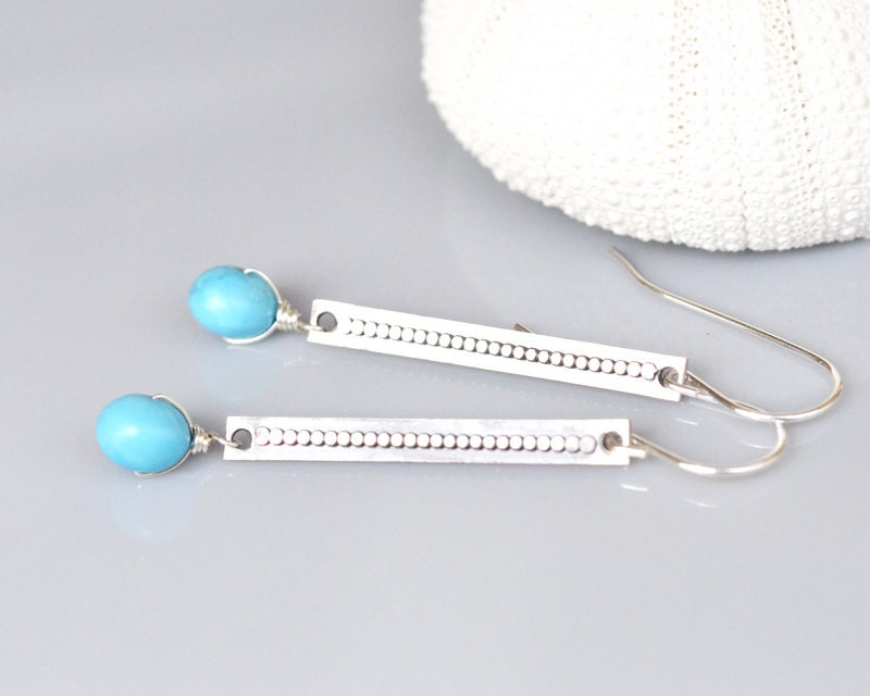 Turquoise Earrings Oxidized Sterling Silver - Hammered Bar - rustic - Wire Wrapped Rondelle - huge and smooth - Blue Gemstone
