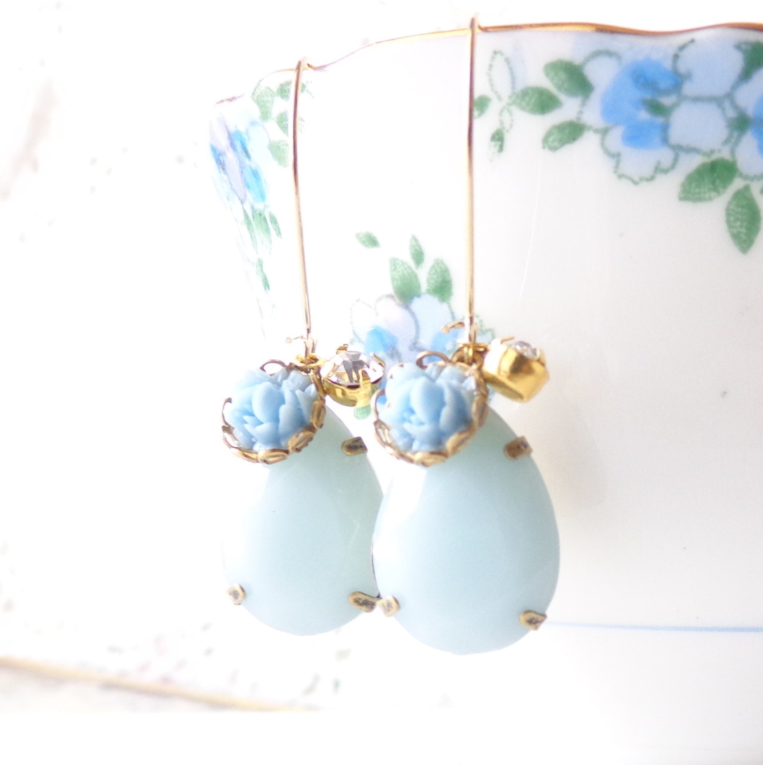 Vintage Jewel Charm Earrings - Trinket Earrings - Blue Rhinestone - Flower Earrings - Bride