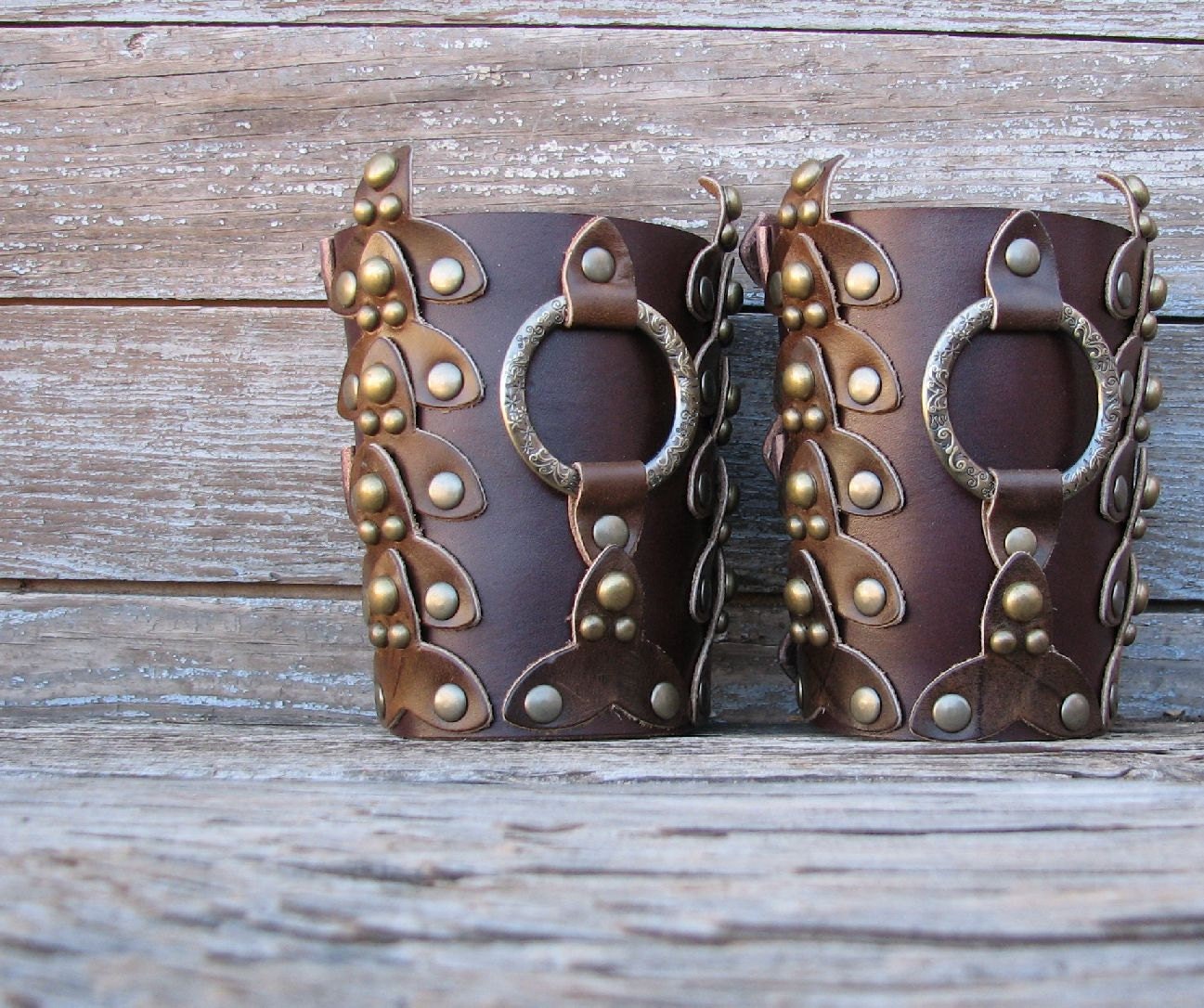Mens Historical Reenactment Two Tone Brown Scaled Leather Bracer or Gauntle Pair with antiqued Brass Etched Ring and Hardware