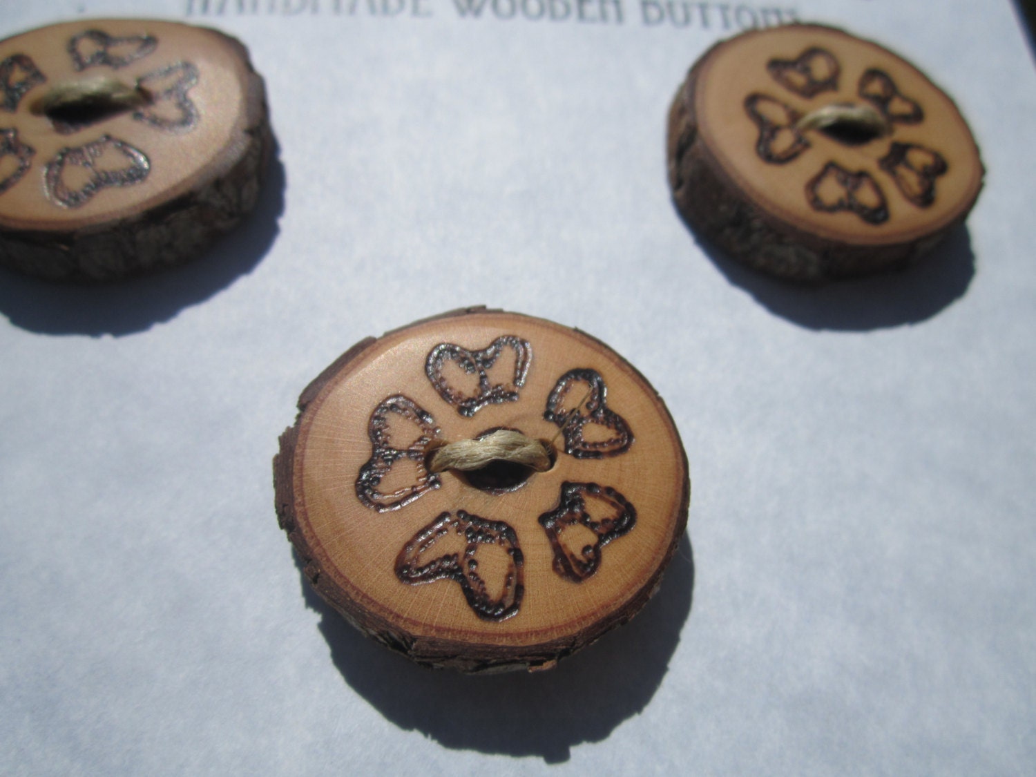 5 Flower Buttons in Reclaimed Hickory Wood-Knitting, Sewing and Craft Buttons
