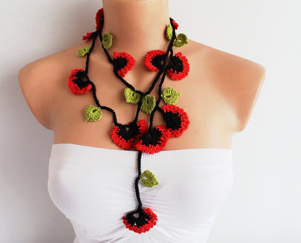 Red and Black Poppy Flowers with Green Leaves Hand Crocheted Lariat Necklace, Bracelet or Belt