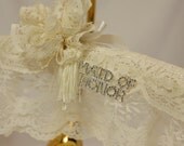 Padded WeDDING HANGeR - HANGER COUTURE - Rhinstone Brooch - Ecru Lacey Lace Trim with Lace Fan and Brooch