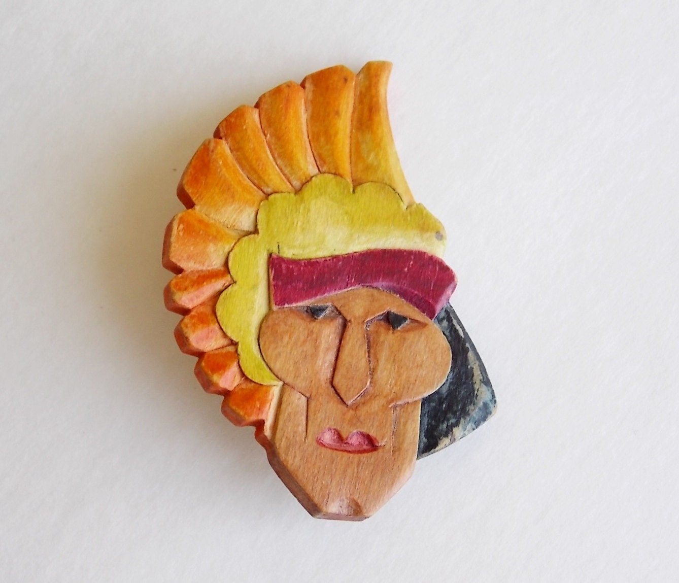 Unique Wood Brooch colorful Indian Chief... cartoon style Geronimo