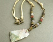 Fancy Jasper Necklace with Deerskin Leather, Multi Color Stone Bead Necklace 24in, Green, Pink, Gray