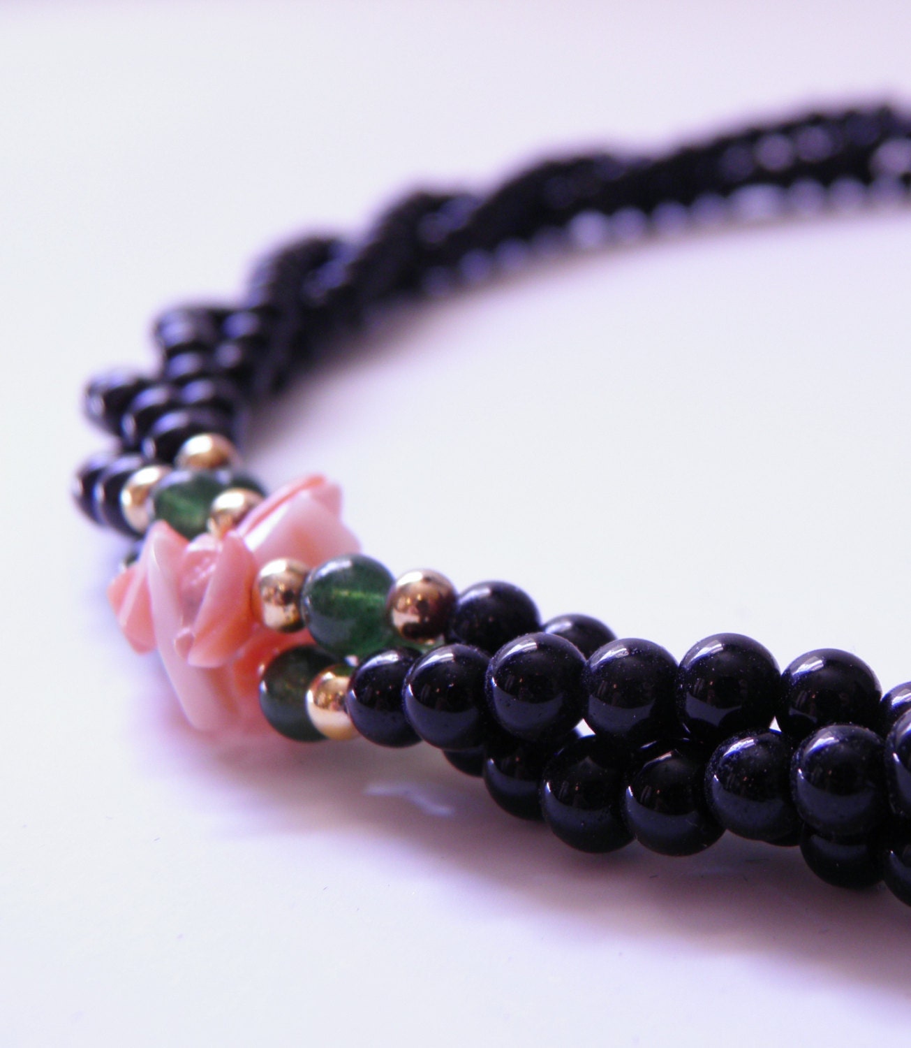 Black Beads and Coral Shell Twisted Necklace