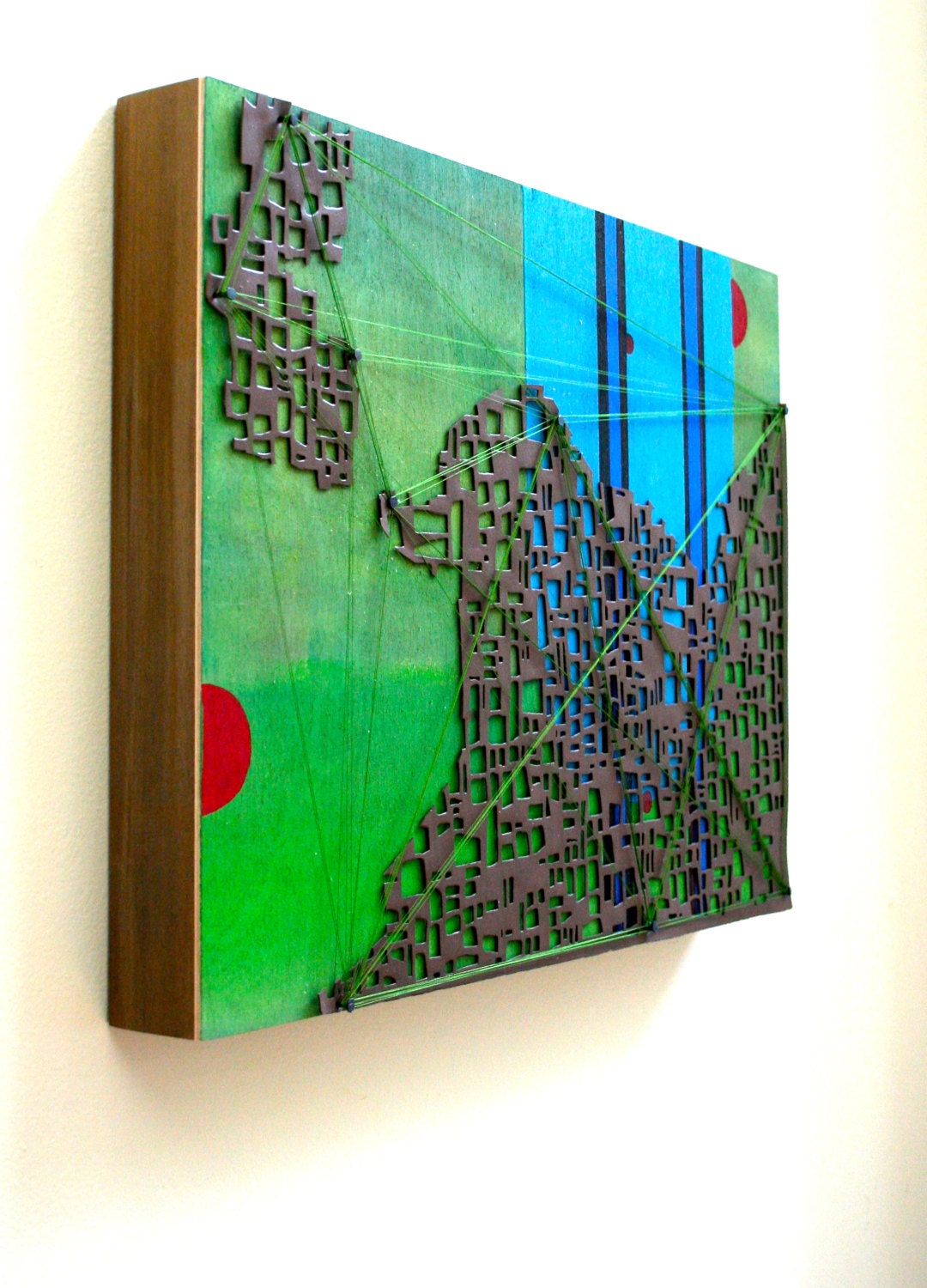 City Grid Acrylic Painting with Mixed Media and Thread Detail