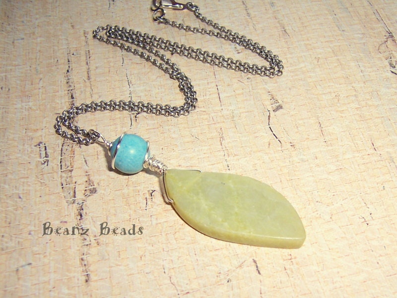 Spring Renewal. Olive Stone Leaf Pendant Necklace with Turquoise Spiral Wire Wrapped Stone