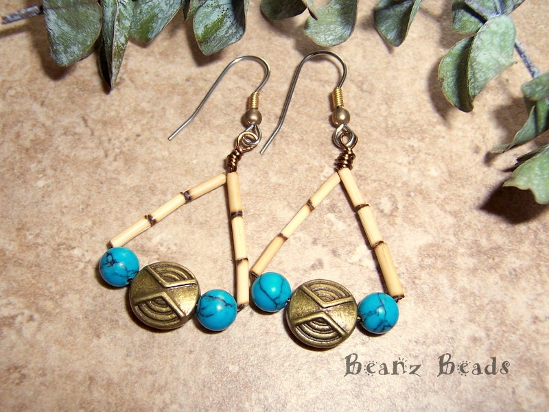 Tribal Turquoise Triangle Dangle Earrings with Brass Coins and Bamboo