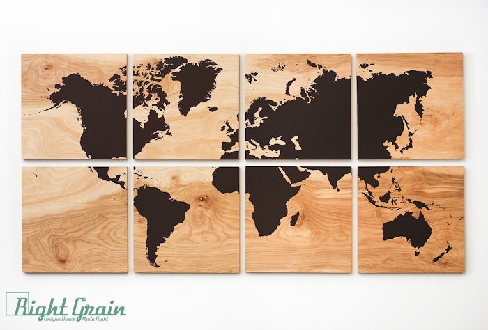 Large World Map Wall Art on Natural Birch Wood Grain Panels - 24x48 Great Gift Idea