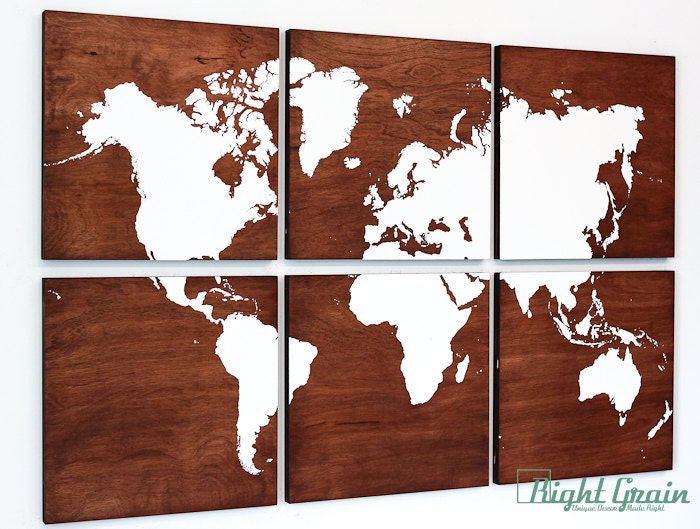 Large World Map Wall Art on Dark Stained Woodgrain Panels - 24x36