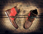 Handcrafted Leather Single Strap BOOTS - Oiled Tan Cowhide & Red Perf. Italian Lambskin with Laser Etched Japanese Floral - MADE to ORDER