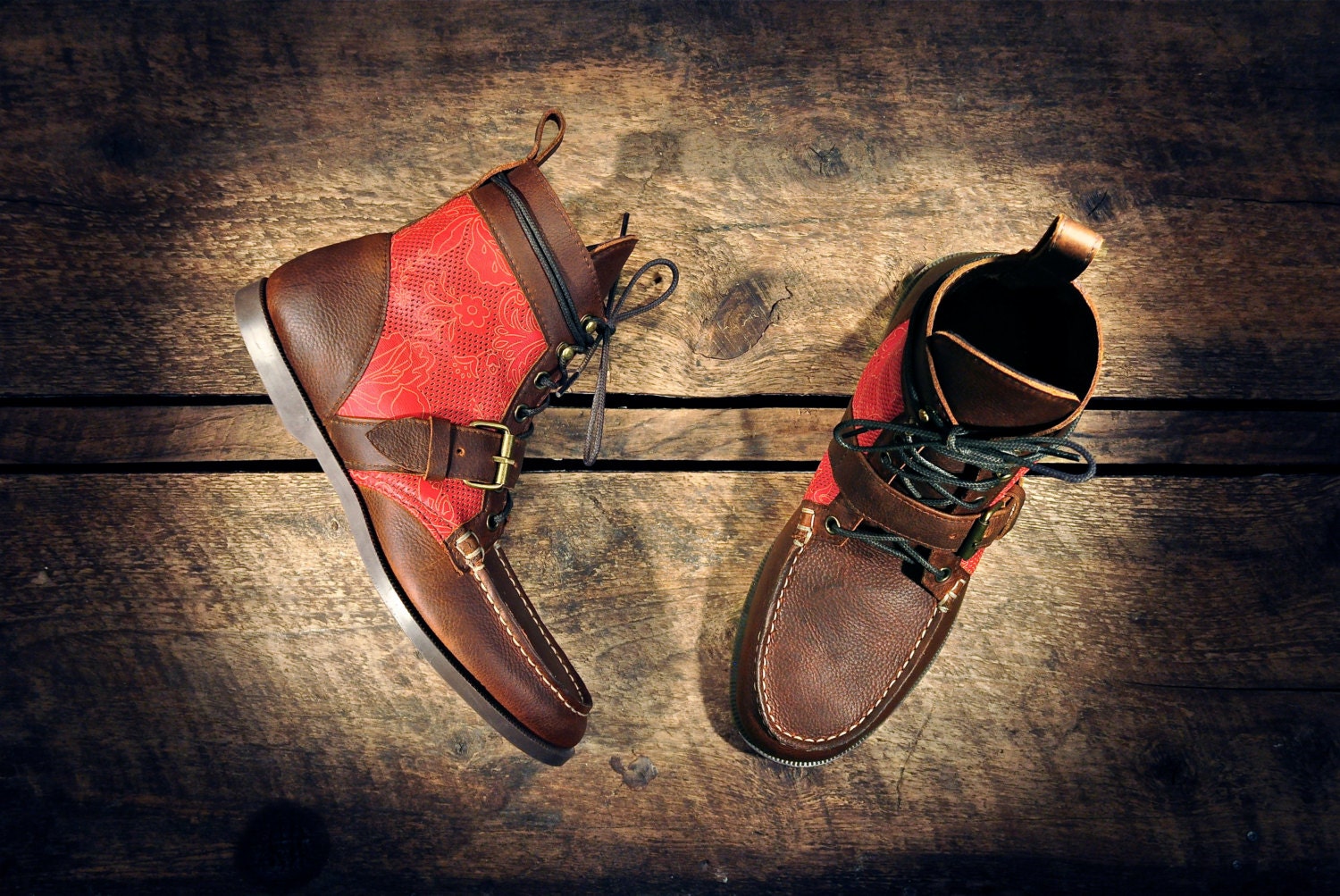 Handcrafted Leather Single Strap BOOTS - Oiled Tan Cowhide & Red Perf. Italian Lambskin with Laser Etched Japanese Floral - MADE to ORDER