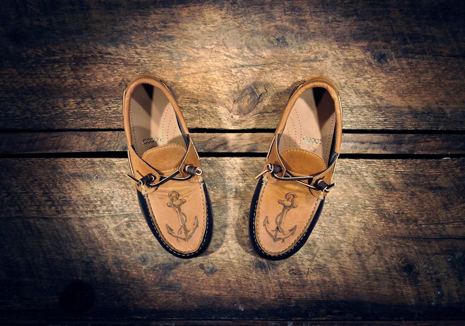 Navy & Waxed Tan Cowhide Boat Shoes with etched ANCHORs - Navy blue cowhide lined - MADE TO ORDER
