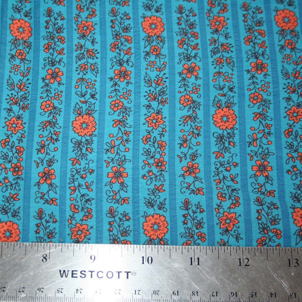 Beautiful Turquoise Blue and Terra Cotta Orange Vintage Fabric Calico