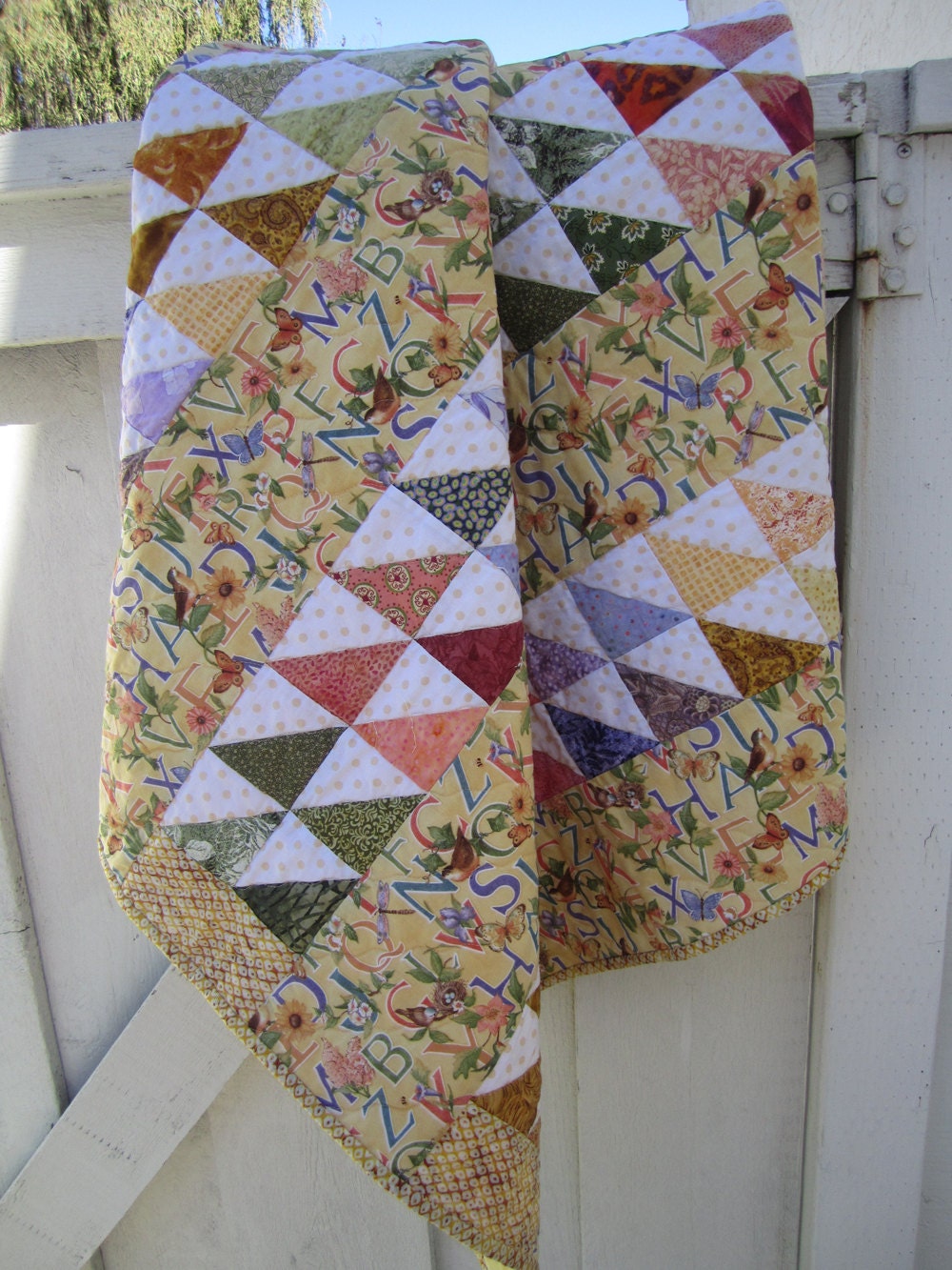 Baby Quilt- Alphabet Quilt- Baby Shower- Baby Girl- Nursery- Flowers- Birds- Butterflies- Yellow Quilt