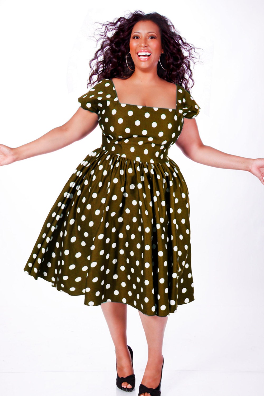 JIBRI Plus Size Polka Dot Swing Dress (Olive)