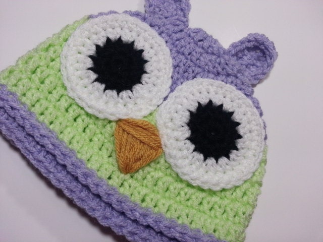 Crochet Baby Owl Hat, Purple and Green Owl Hat, Crochet Beanie, Great Photo Prop