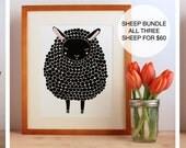Brown, Black, and Gray Sheep Illustration Bundle, Nursery Art, Children Decor - Free US Shipping