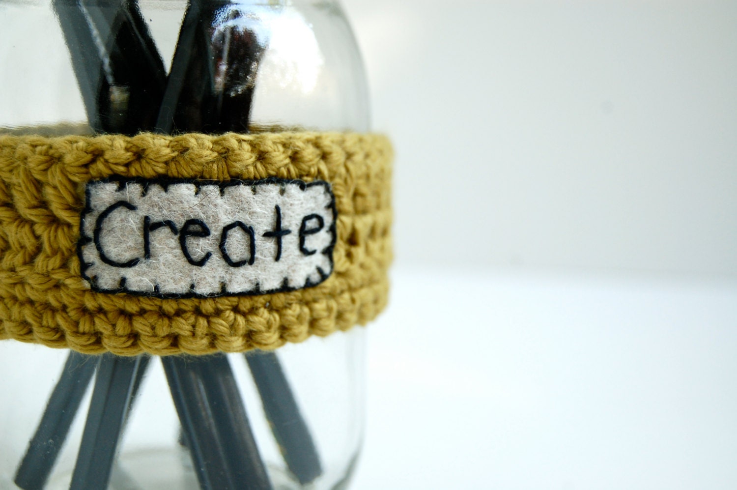 Craft Supply Organizer, Holder, Mason Jar Label, Crocheted in Pea Green