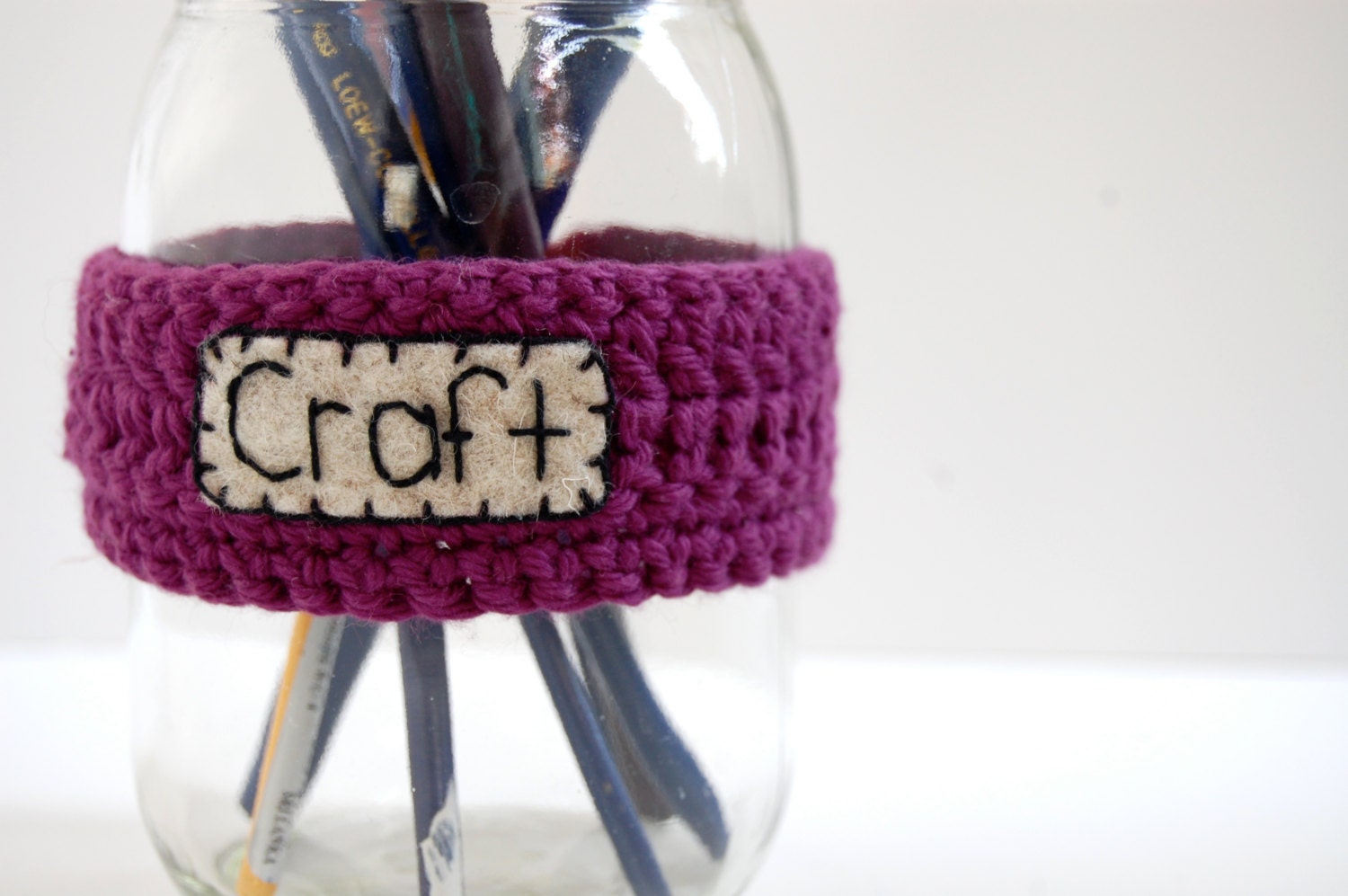 Craft Supply Organizer, Holder, Mason Jar Label, Crocheted in Purple