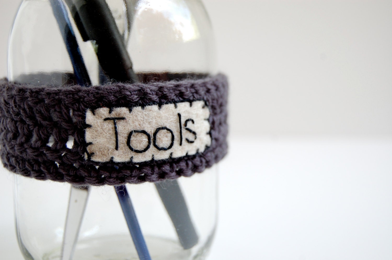 Craft Supply Organizer, Holder, Mason Jar Label, Crocheted in Gray