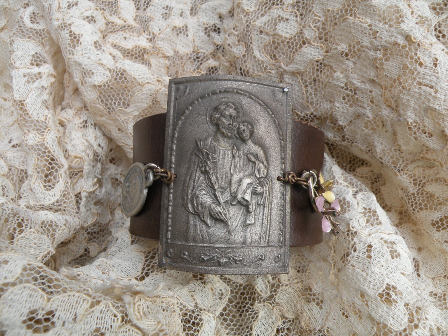 CALM vintage assemblage bracelet leather cuff jewelry of faith religious rustic blessings unique ooak