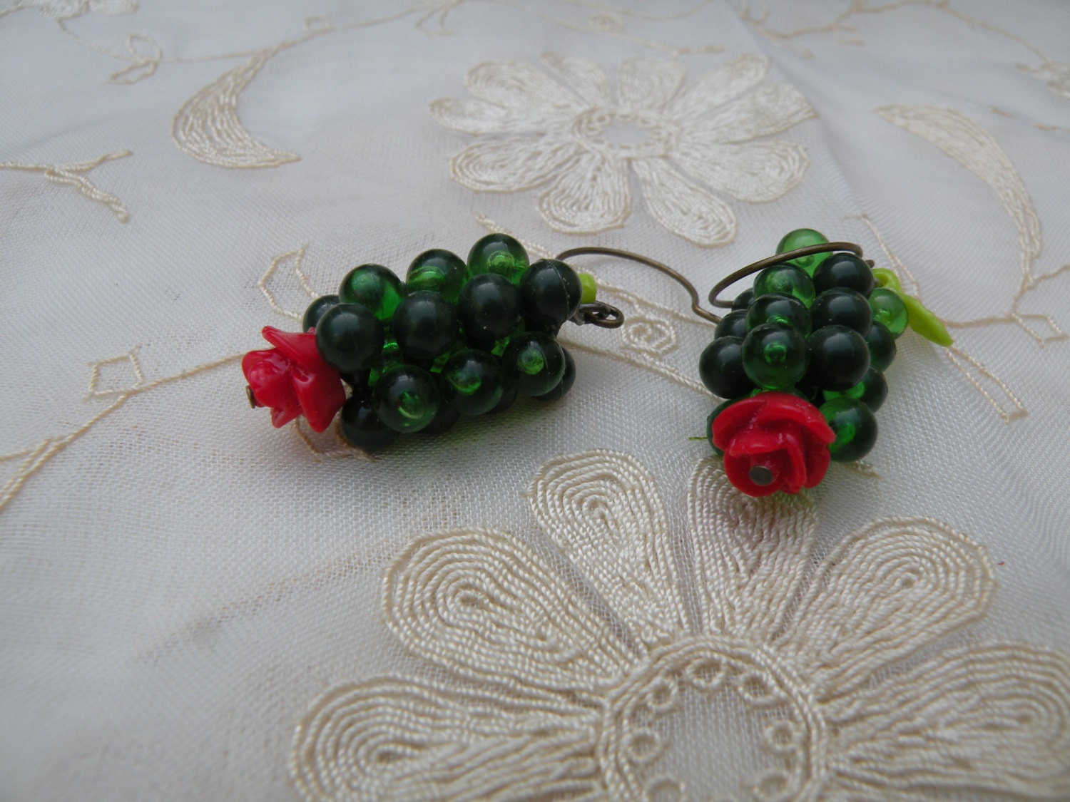 vintage assemblage earrings sweet petite jardin red rose green summer june