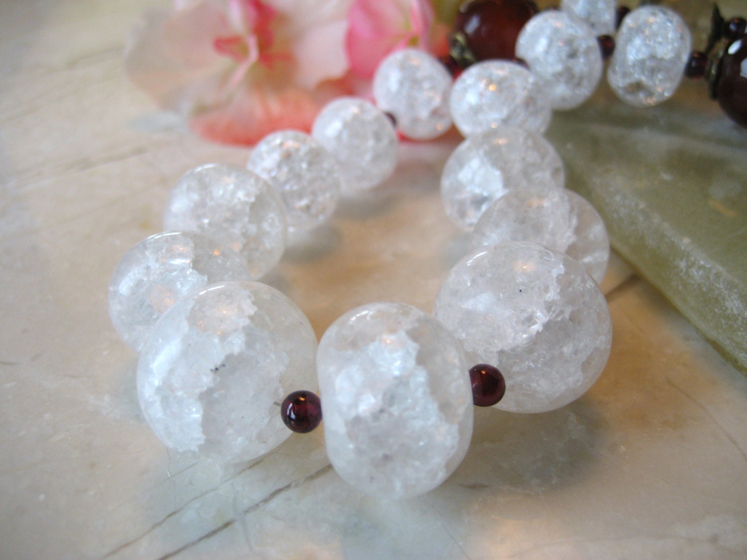 The Bostonian -White Cracked Crystal and Watermelon Tourmaline Necklace