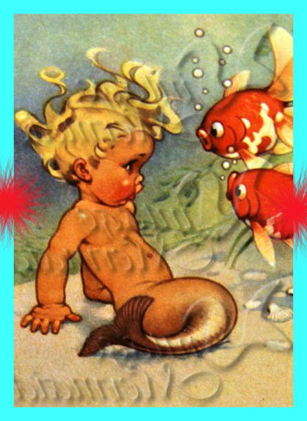 MB5  Merbaby Fabric Block Fairy Tale Mermaid Merboy Postcard Cotton Applique for Quilting 5 x 7