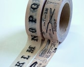 Washi Tape Set - 15mm - Vintage Alphabet and Catalog Illustrations on Blush - Deco Paper Tape Two Rolls