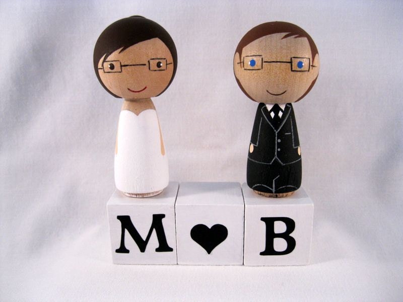 Kokeshi Peg Doll Semi Custom Wedding Cake or Cupcake Tower Topper with Sweetheart Blocks