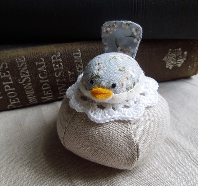 Small Blue Gray Floral Bird on Linen Pincushion Tuffet