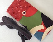 Sunglasses Case, large size glasses sleeve, red, green, black and white swirls and pin dots, eyeglass cozy, soft case, gift for women