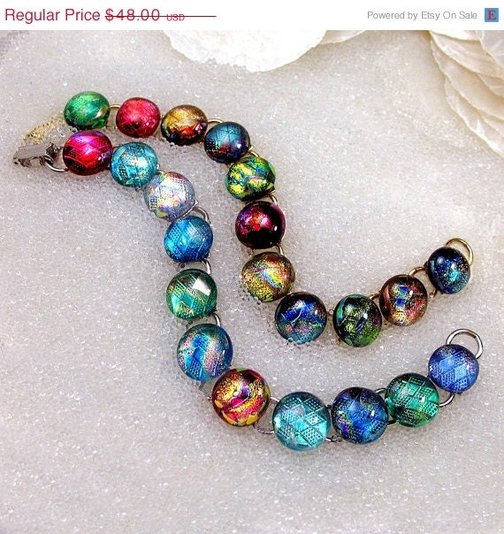 Sale Bracelet, Dichroic Fused Glass Bracelet in Cha-Cha Fruit Basket Colors in Gold or Silver