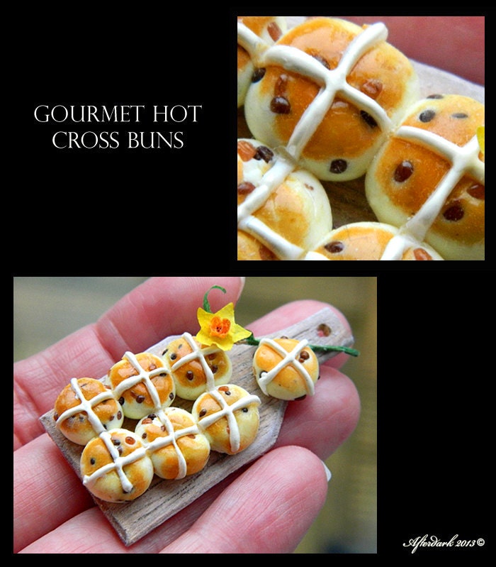 Gourmet Hot Cross Buns - Artisan fully Handmade Miniature in 12th scale. From After Dark miniatures.