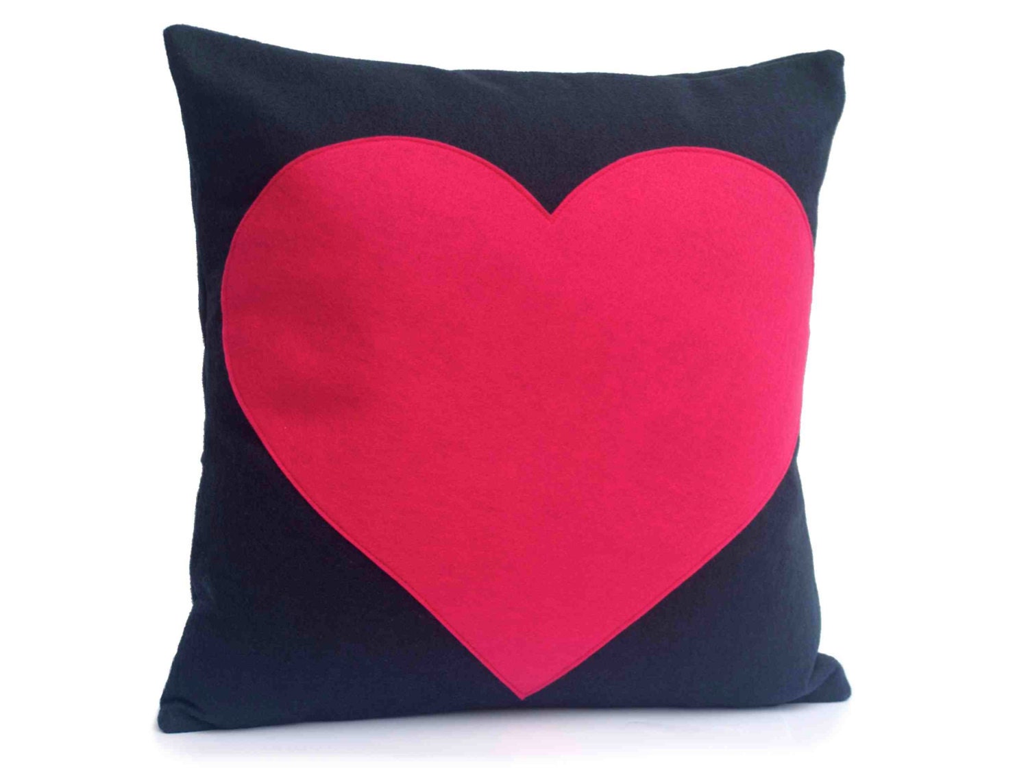 Pink Heart Appliqued Eco-Felt Pillow Cover on Navy Blue  - 18 inches