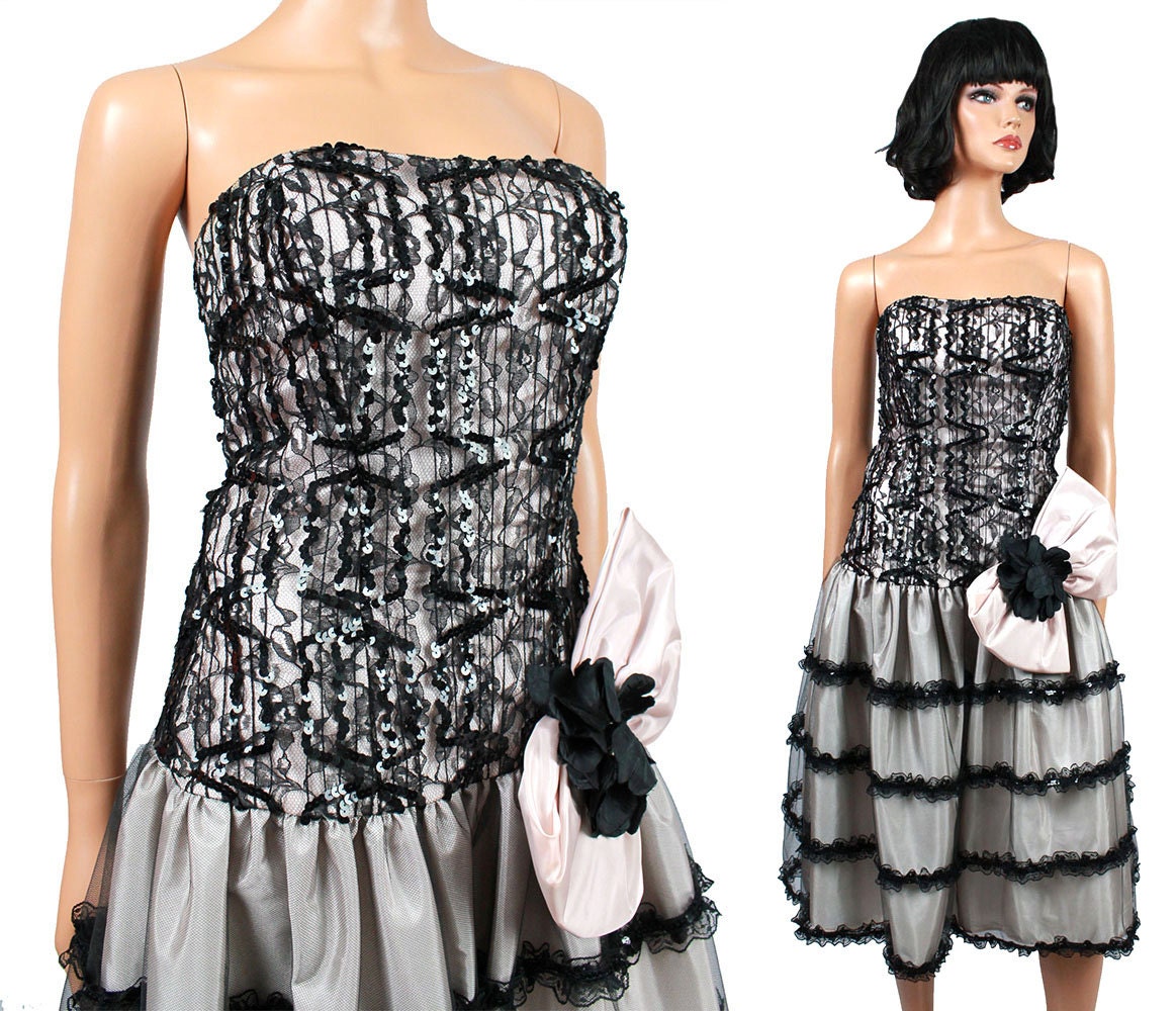 80s Does 50s Tulle Prom Dress Jrs XS Vintage Black Pink Gray Sequins Tiered Lace Strapless Gown Nadine XXS Free US Shipping